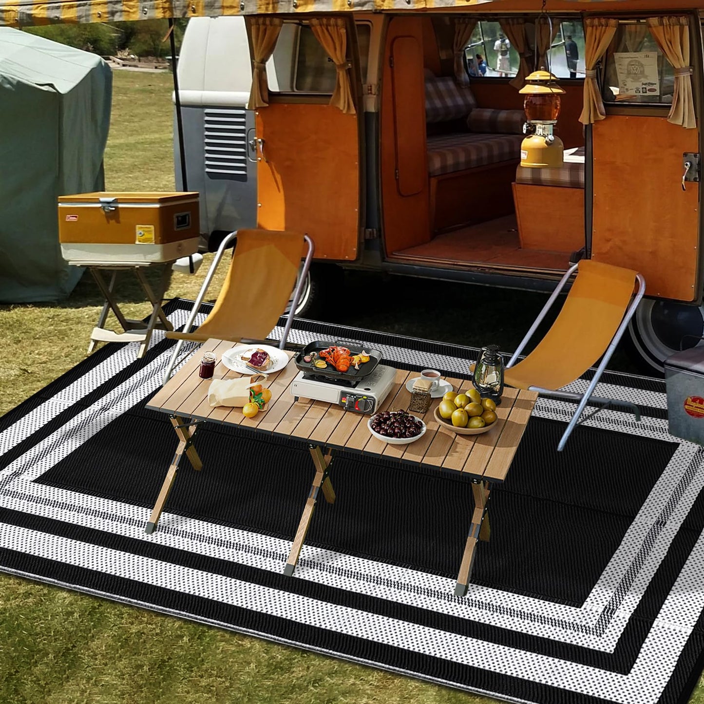 IDEALHOUSE Outdoor Rug, 320GSM Thick PP Woven, Modern Border A, Reversible Foldable, Lightweight Anti Scuff, Decorative Floor Mat for Patio Balcony Camping, Black White 10x14ft