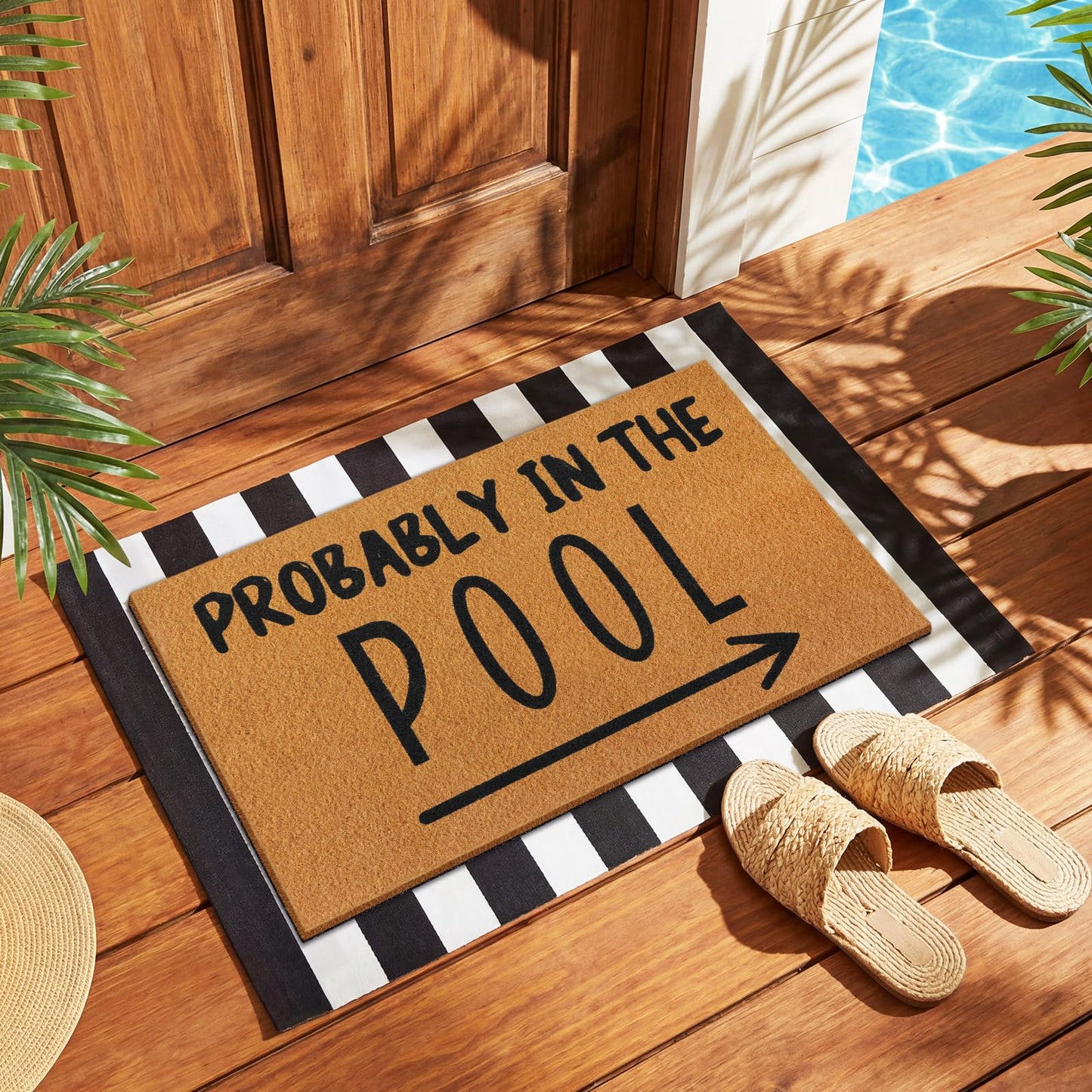 Tinideya 2 Pcs Summer Door Mat Probably in the Pool Welcome Non Slip Coir Mats Floor Layering Black and White Strips Doormats Seasonal for Front Porch Entryway Decor(Pool)