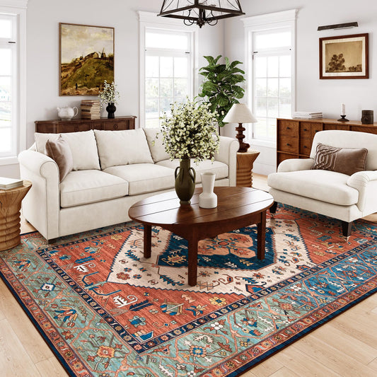 Lahome Area Rugs 9x12 Living Room - Boho Non-Slip Washable Rug Ultra-Thin Stain Resistant Large Carpet Throw Non Shedding Dining Room Mat, Oriental Print Carpet for Bedroom Adelyn (Rust, 9'x12')