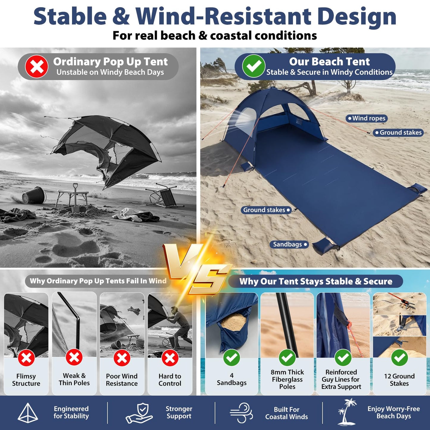 Beach Tent Sun Shelter- with 114 x 82” Extended Mat for 3-6 Person,UPF 50+ UV Protection,Easy Setup Beach Shade Canopy,Portable Camping Sun Shelters with 3 Mesh Window for Family Picnics Fishing