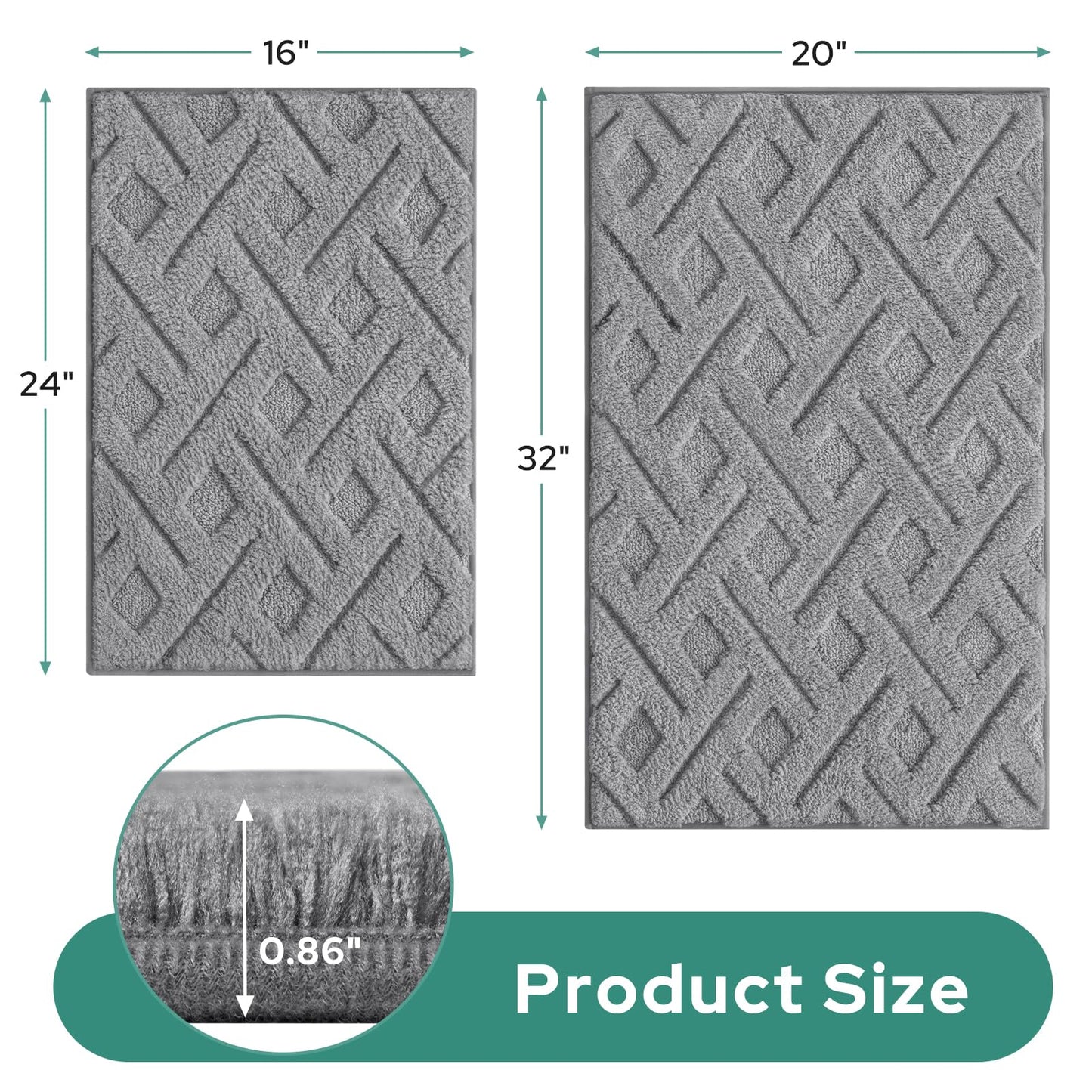 HOMEIDEAS Grey Bathroom Rug Set 2 Piece, Soft Microfiber Tufted Bath Mats, Super Absorbent Non Slip, Machine Washable Bathroom Rugs for Tub, Shower and Floor, 20" x 32" Plus 16" x 24"