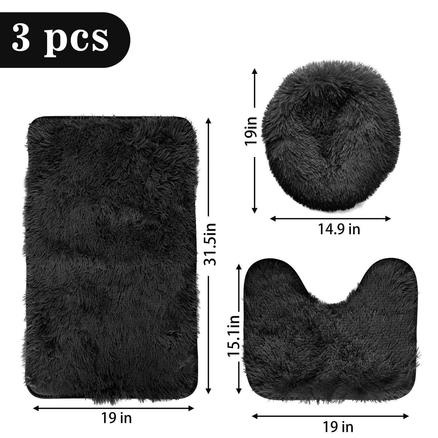 Eanpet Black Bathroom Rugs Sets 3Piece Bath Mat Solid Bath Rug Floor Mats Washable Shower Rug with U-Shaped Contour Rug Toilet Lid Cover