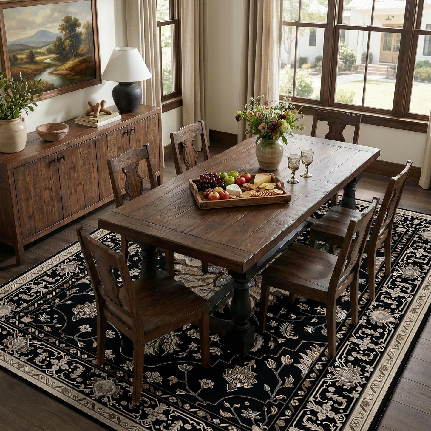 RELEANY Area Rugs 8'x10' Washable Non-Slip, Floral Vintage Distress Medallion Carpet for Living Room Bedroom Dining Room, Black Brown Neutral Dark Tan