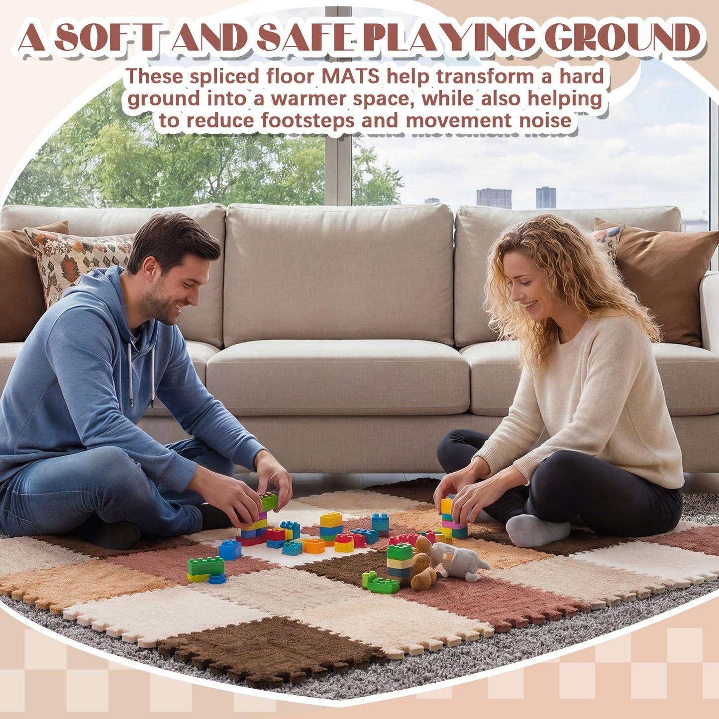 Tinideya 12 Pcs Plush Interlocking Carpet Tiles, 12 x 12 x 0.4 Inch EVA Foam Puzzle Mat Squares, Soft Washable Anti Slip Floor Mat for Bedroom, Nursery, Playroom, Living Room, Farmhouse Colors