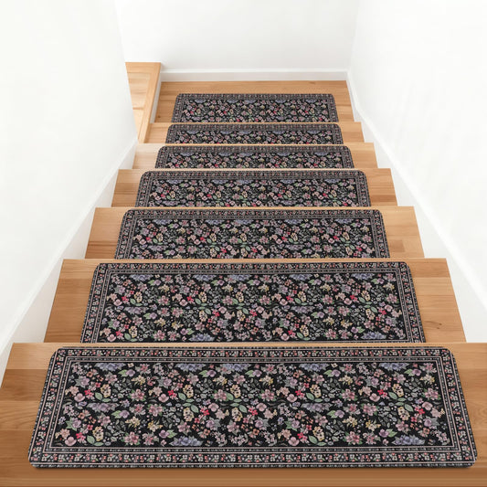 KingMang Vintage Floral Stair Treads Non Slip Carpet Stair Treads for Wooden Steps Indoor 15PCS 30"x8" Stair Runner Stair Mats Safety Staircase Step Treads for Elders Kids Dogs Light Black