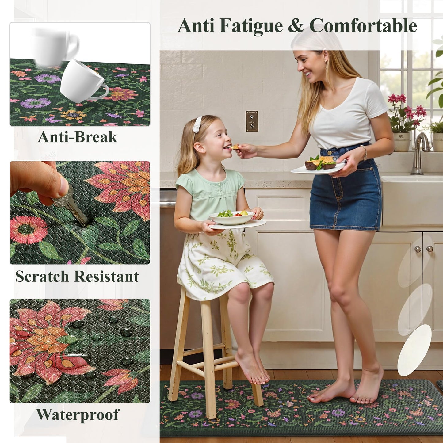 Collive Kitchen Mats for Floor, Cushioned Anti Fatigue Mat Green Floral Rugs 2 Piece Non Skid Waterproof Sink Rug, Memory Foam Comfort Standing Mat for Office, Laundry, Desk, 17.3"x29"+17.3"x47"