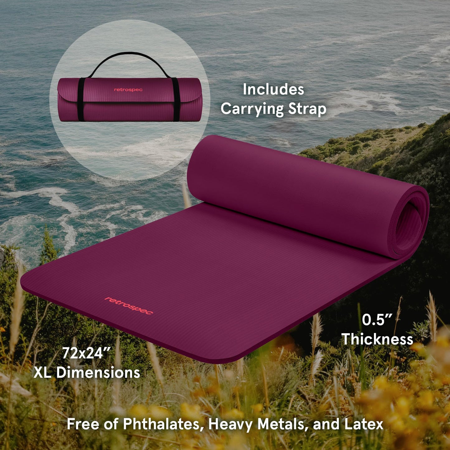 Retrospec Solana Yoga Mat 1/2" Thick w/Nylon Strap for Men & Women - Non Slip Excercise Mat for Yoga, Pilates, Stretching, Floor & Fitness Workouts