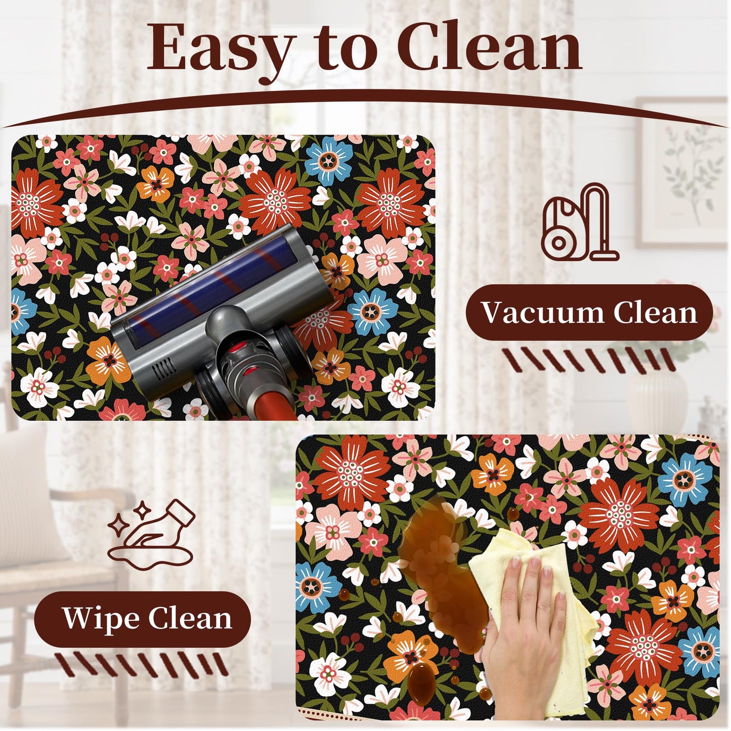 CHICNOOK Boho Vintage Floral Kitchen Rug Set of 3, Black Rustic Kitchen Mat