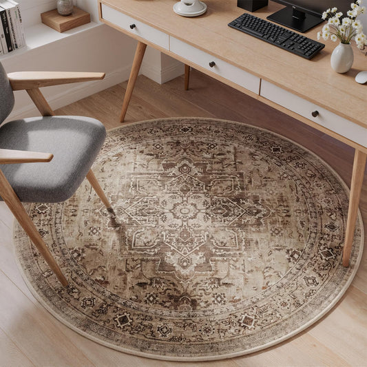 Jainmy Neutral Brown Round Washable Rugs 5ft, Farmhouse Vintage Medallion 5 Feet Circle Rug for Living Room Under Coffee Table, Low Pile Thin Non Slip 5x5 Round Carpet for Dining Room/Bedroom/Entry