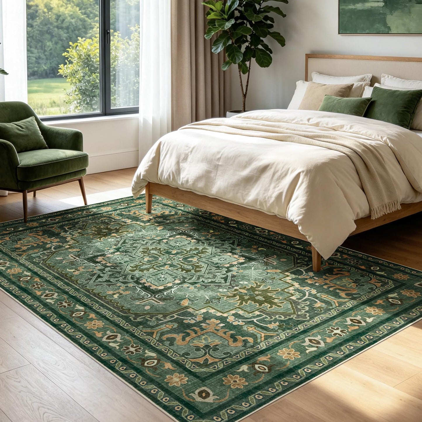Joydeco Area Rugs 6'x9' Washable Non-Slip, Floral Vintage Distress Medallion Carpet for Living Room Bedroom Dining Room, Green&Beige&Dark Gray