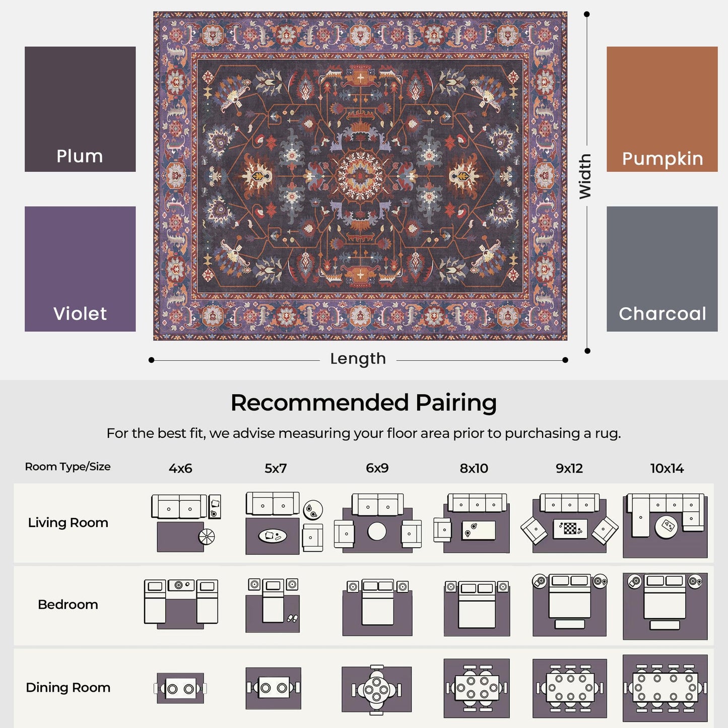 Kokia Living Room Area Rug 5x7 Soft Washable Non Slip Low Pile Purple Oriental Medallion Stain Resistant Rugs for Bedroom, Dining Room, Kitchen, Indoor Leisure Rooms, Nova Violet Plum Pumpkin
