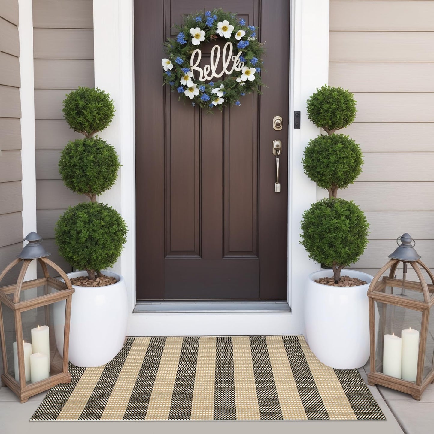 OJIA Front Door Rug 24"x51" Outdoor Doormat Washable Front Door Mat Indoor Entrance Tan Washable Porch Rug Woven Striped Outdoor Mat Entryway Rugs Small Area Rug for Kitchen Entry Bathroom