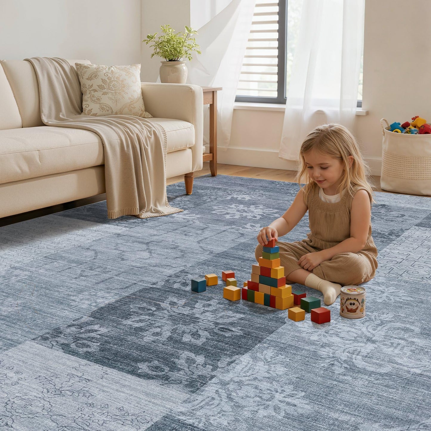 UERMEI 8x10 Area Rug Washable, Blue Modern Geometric Rugs for Living Room, Non-Slip Patchwork Carpet, Stain Resistant Low-Pile Foldable Rug for Bedroom Dining Room