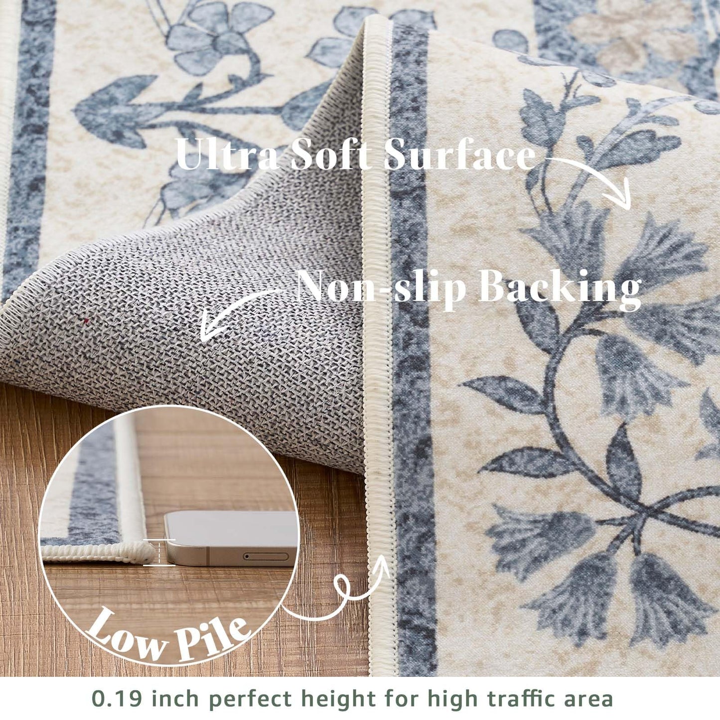 jinchan Zenith Floral 8x10 Area Rug Soft Low-Pile Living Room Rug Machine Washable Non-Slip Vintage Botanical Aesthetic Throw Carpet for Dining Room Bedroom Nursery Blue/Cream