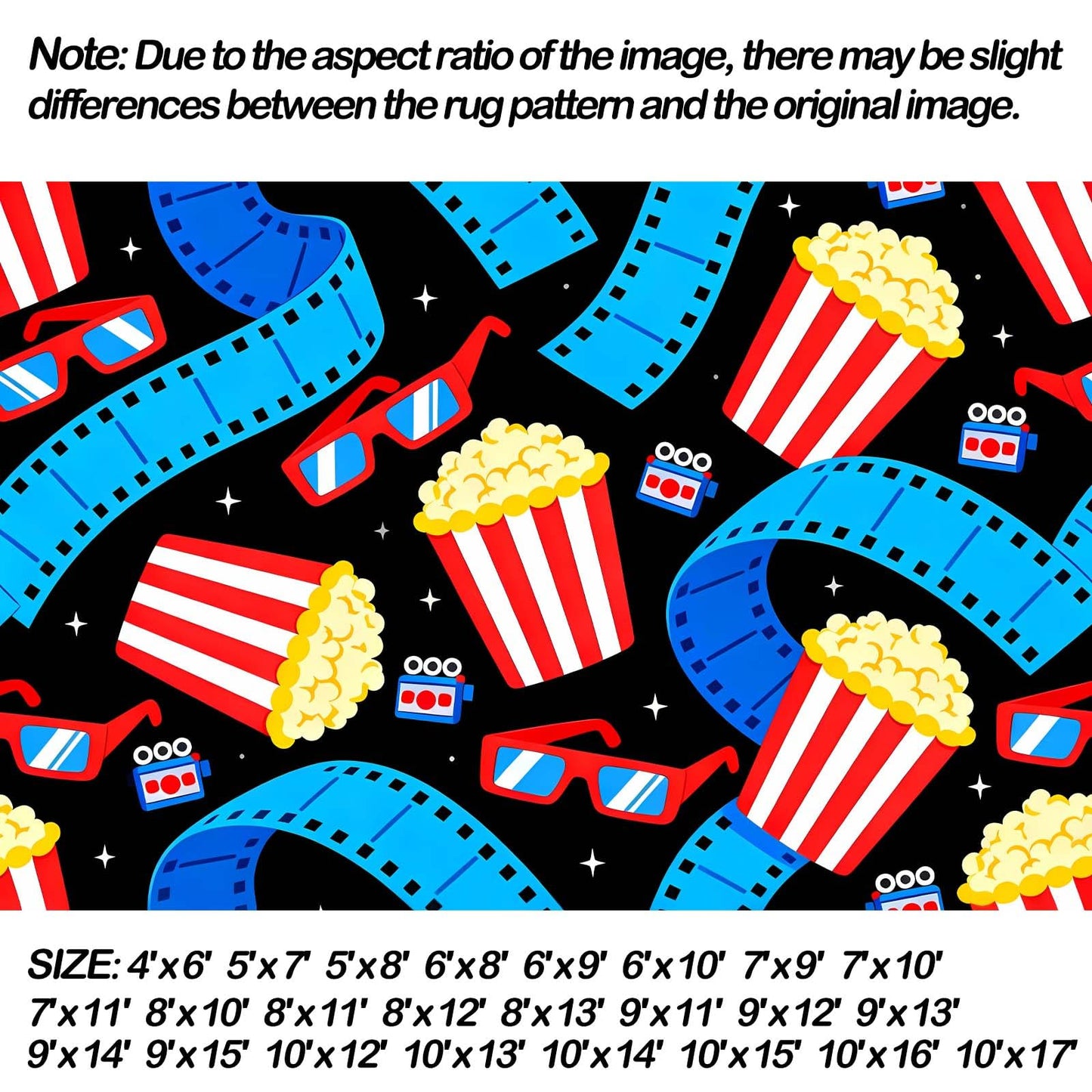 Movie Theater Area Rug, Popcorn Film Reel & 3D Glasses Rug, Cinema Sign Rugs, Movie Night Home Theater Rugs, Washable Non-Slip Soft Low Pile Home Cinema Carpet (4' x 6'(Rectangular))