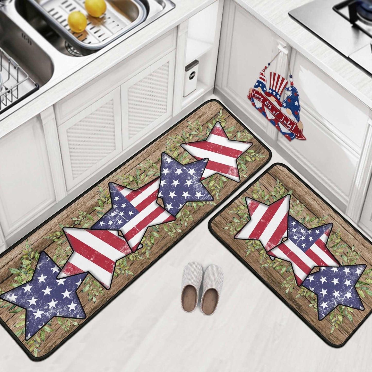 4th of July Kitchen Rugs Set of 2, Blue American Flag Stars Rug Forth of July Decorations Non Slip Backing Patriotic Kitchen Mats for Floor Memorial Day Home Decor (4th of July 2, 17"x47.2"+17"x30")