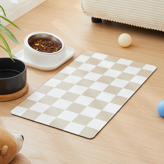 Ralxion Checkered Dog Feeding Mat, Absorbent Mats for Dog Food and Water Bowl, Dispenser, Retro Aesthetic Khaki Beige Checkerboard Pet Placemat for Dogs, Cats, Puppy Accessories, 12" X 19”
