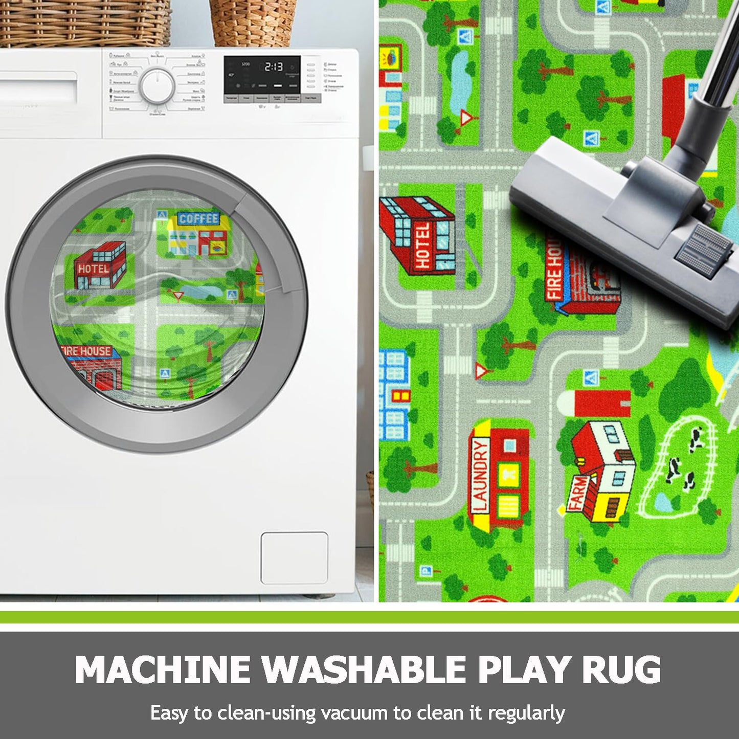 Capslpad Green Car Road Kid Rug Carpet Playmat for Playoom Traffic Road Kids Play Mat for Toddler Non Slip Washable City Map Race Track Carpet Rug for Kids Room Bedroom Nursery Room Decor,5.2'x3.3'