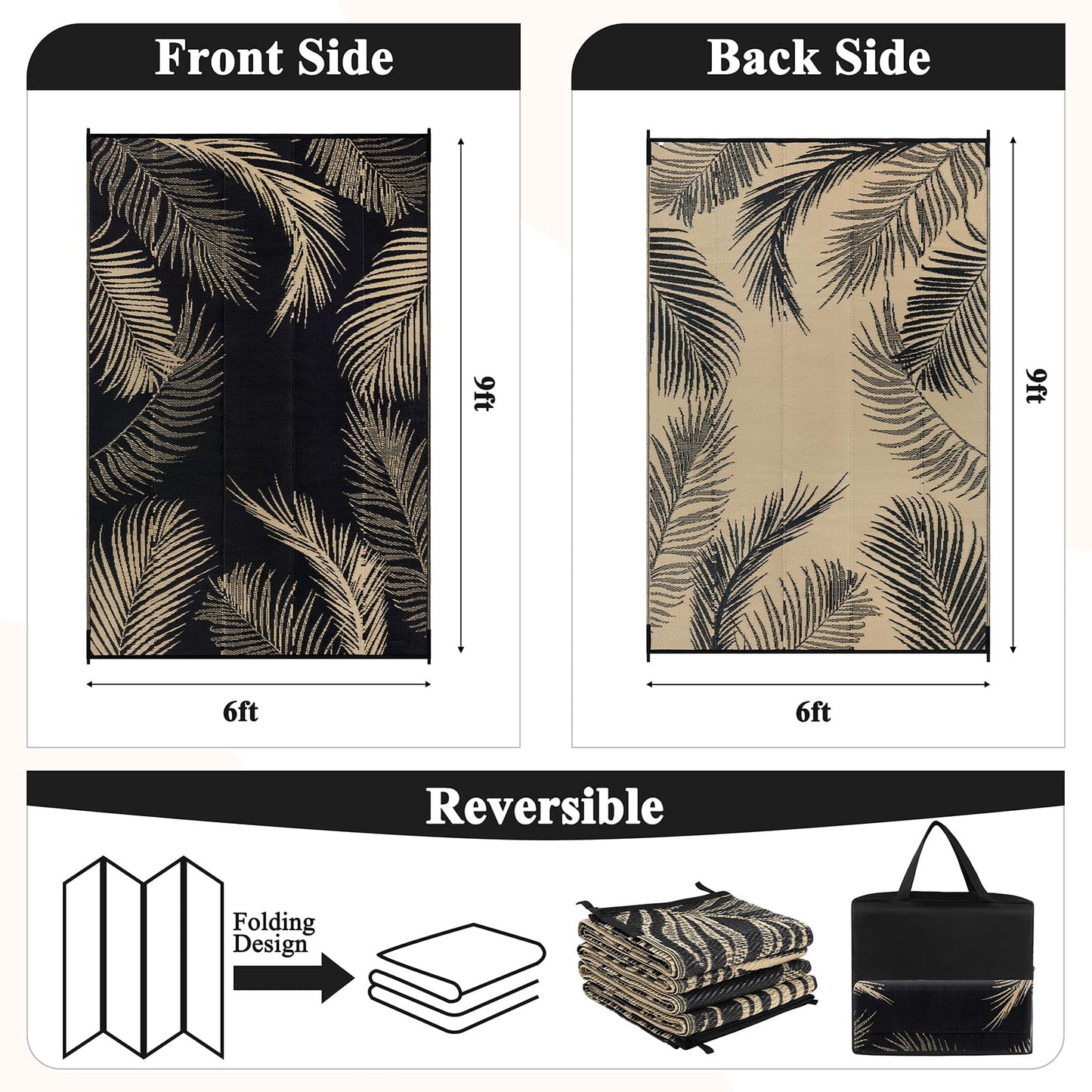 Pauwer Waterproof Outdoor Rug 6x9, Reversible Plastic Straw Patio Camping Rug, Indoor Outdoor RV Mat Carpet for Deck, Camper, Porch, Balcony, Backyard, Picnic, Leaf Black Brown