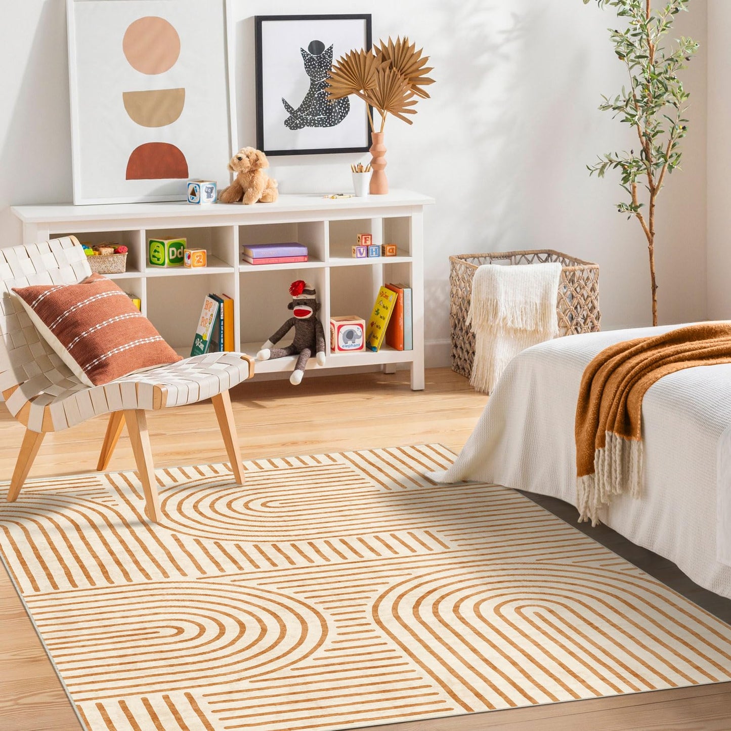 LUXRUG Washable Area Rug 5x7 - Boho Living Room Rug Soft Bedroom Rug Ultra-Thin Orange Modern Abstract Rainbow Dining Room Rugs Indoor Carpet for Living Room Nursery Room Home Decor