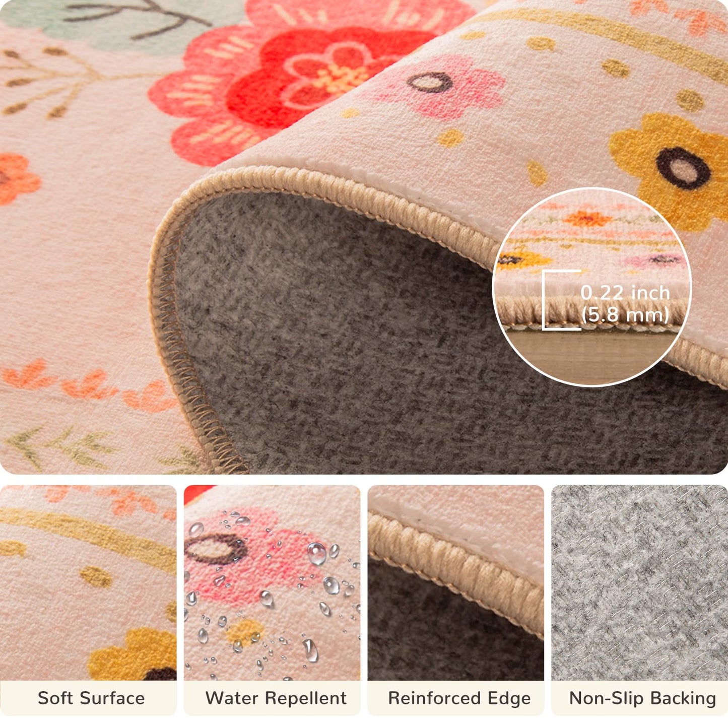 5x7 Area Rugs, Washable Floral Rug, Low Pile Non-Slip Carpet, Flower Rug for Living Room Bedroom Hallway Entryway Kitchen Office, Pink Beige