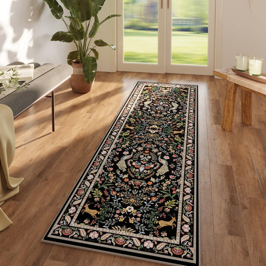 Runner Rug Washable Kitchen 2'6''x8' Rug for Entryway Indoor Floral Non-Slip Soft Carpet Runner for Hallways, Kitchen, Laundry, Bedroom, Bathroom (Vibrant Black)