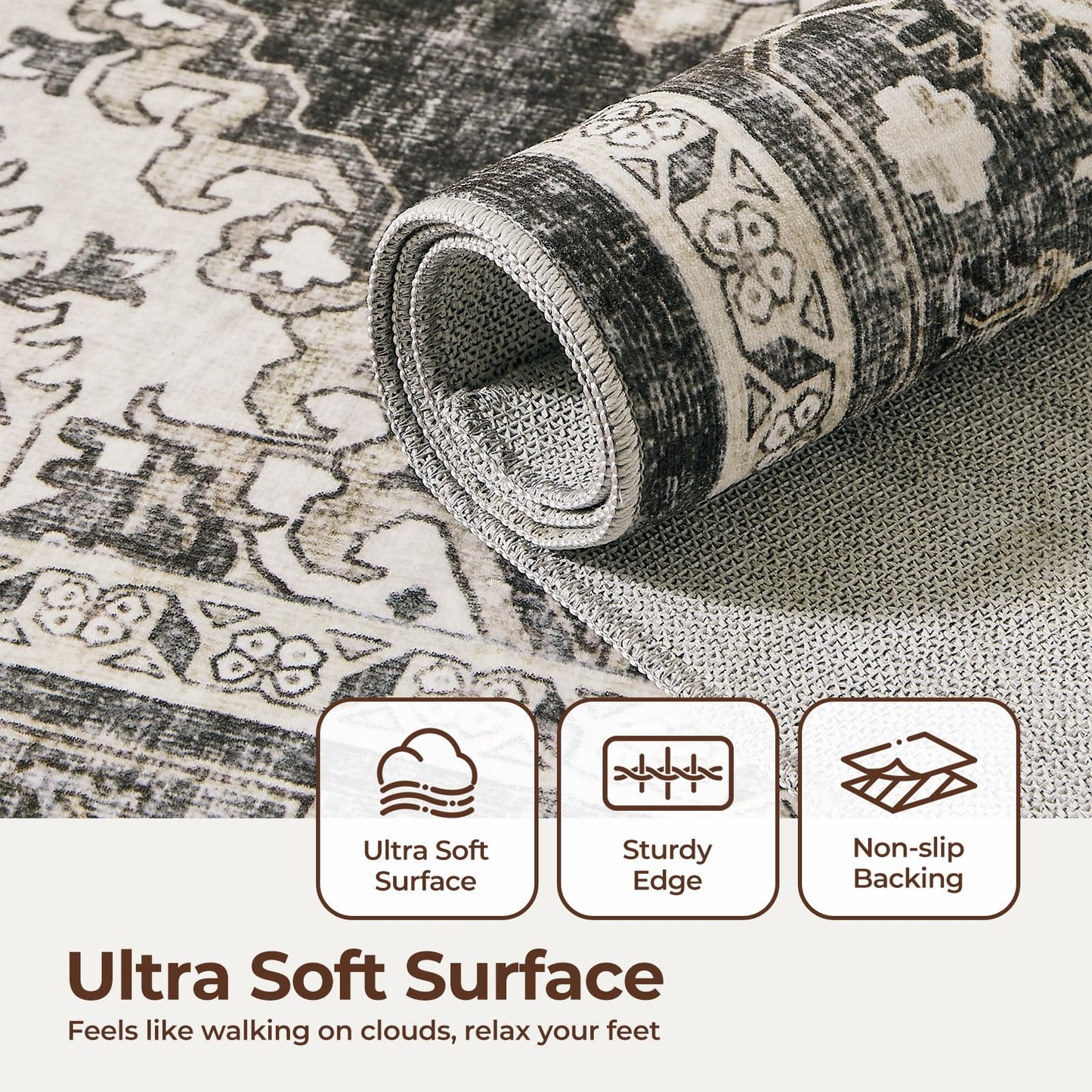 WITSHOCK Living Room Area Rugs 5x7: Washable Rug Boho Soft Non-Slip Low Pile Stain Resistant Foldable Carpet for Bedroom Playroom Dining Room Office Kitchen Farmhouse Home Decor Rug-Bitter Black