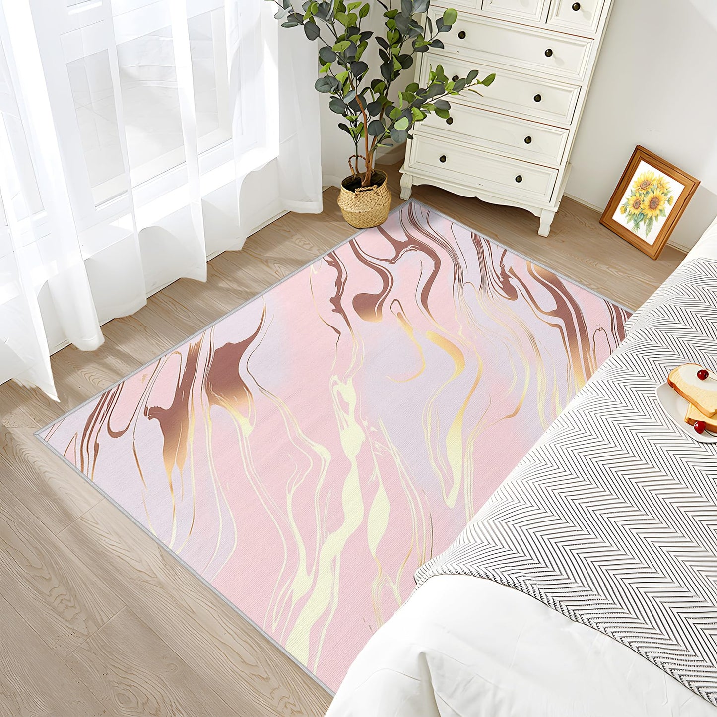 Marble Rugs for Living Room - Marble Rug, 4x5 Rug, Modern Abstract Art Area Rug, Girls Pink and Gold Washable Rugs for Living Room Bedroom, Pastel Luxury Carpet - Home Decor, Marble Gifts for Women