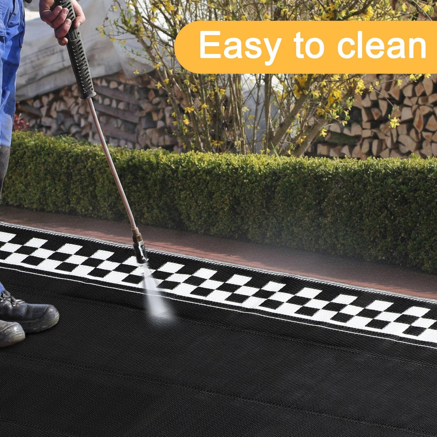 Dunzy Checkered Outdoor Patio Rug, 5 x 8 ft Non-Slip Plastic Straw Checkered Carpet Indoor Outdoor Area Mat for Outside Rv Camping Deck Pool Beach Porch Backyard(Black, Cream White)