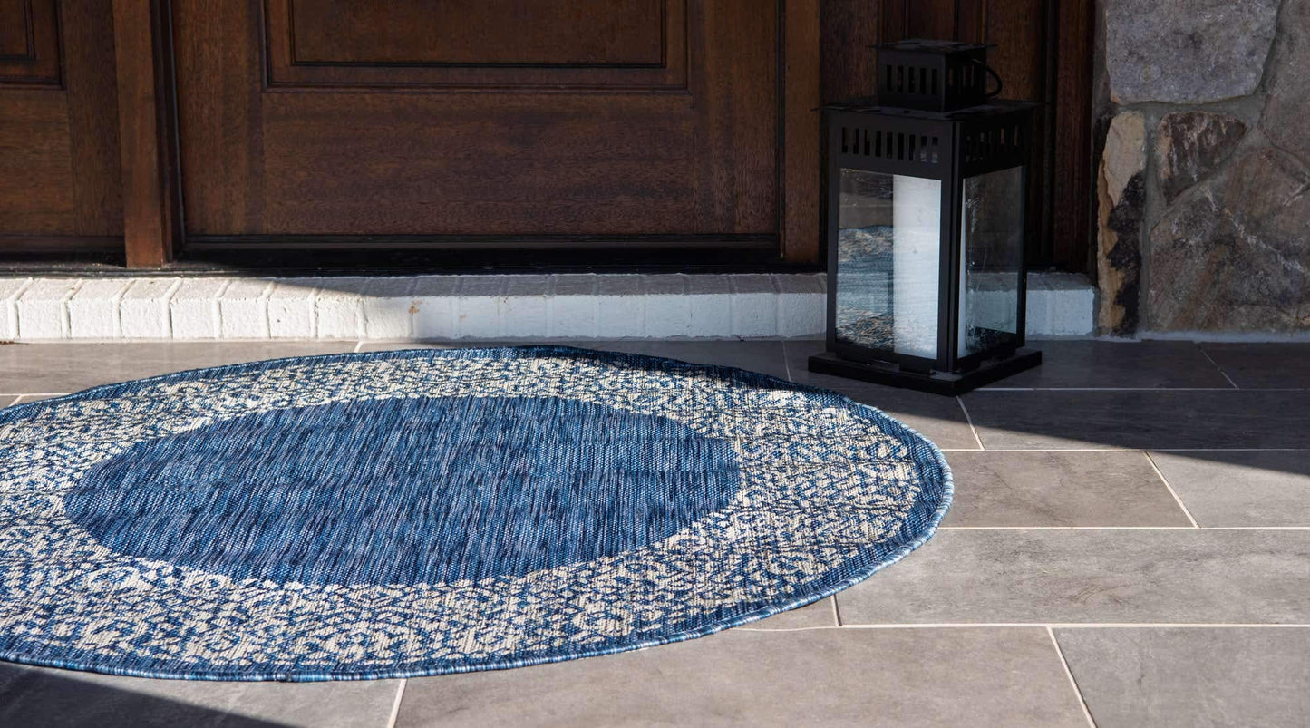 Unique Loom Outdoor Border Collection Area Rug - Floral Border (4' 1" Round, Blue/ Ivory)