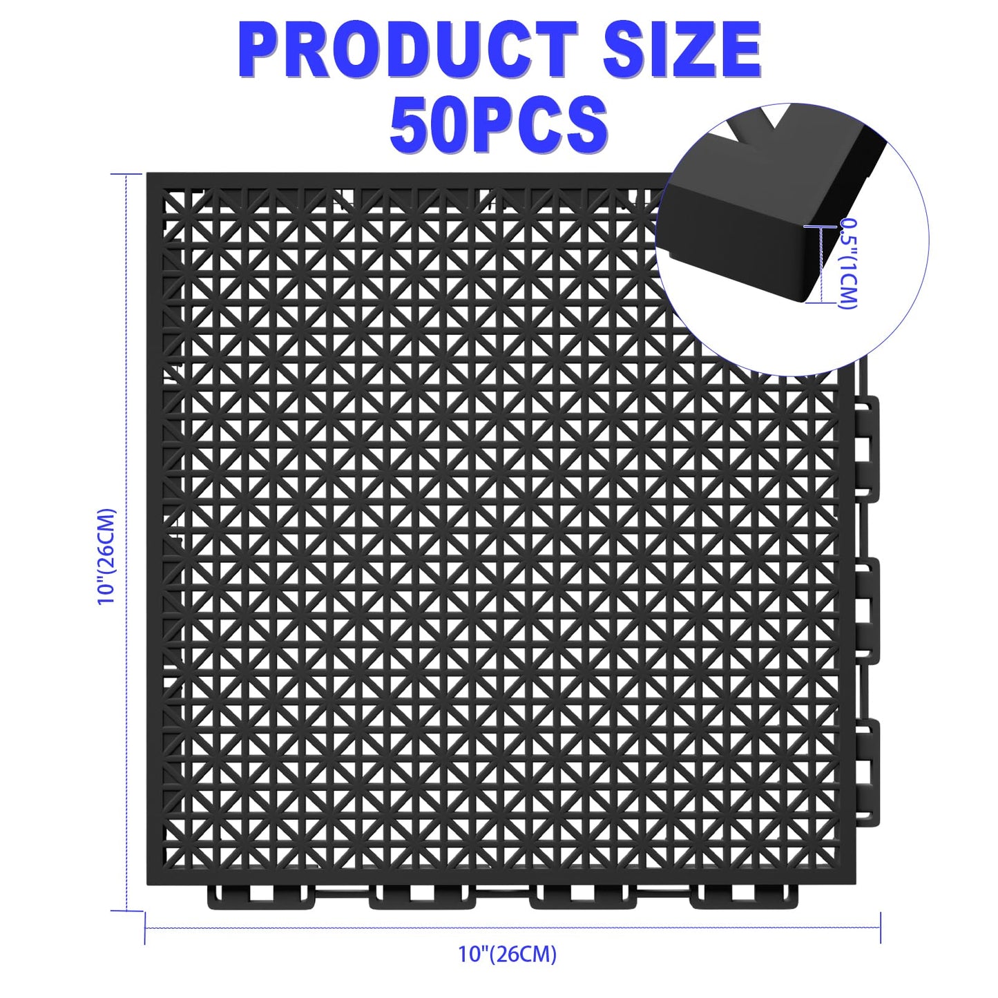 50 PCS Modular Interlocking Cushion Interlocking Floor Tiles with Hole Drainage Mat 10" x 10" Non Slip Pool Deck Mat Outdoor for Drain Deck Pool Patio Shower Kitchen Balcony (Black)