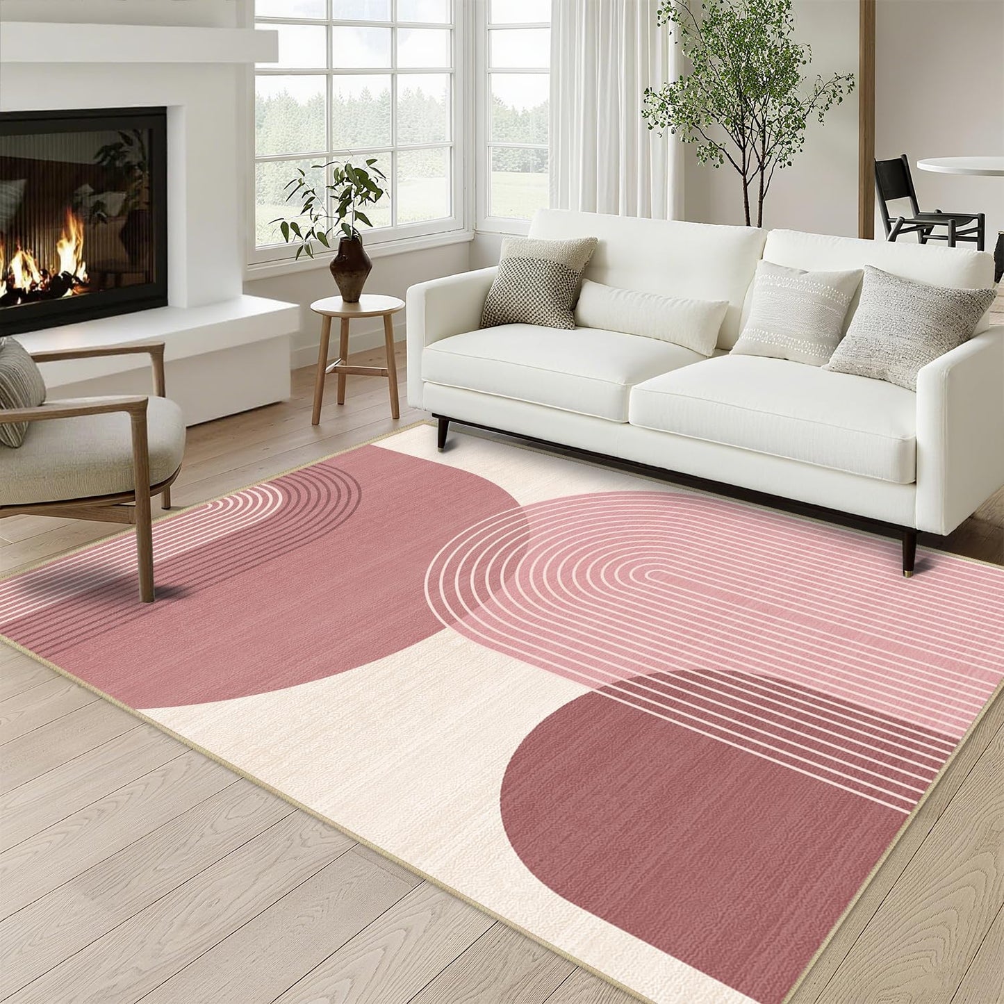 Boho Large Area Rug 4x6 for Living Room Bohemian Rugs Machine Washable Modern Geometric Rug Non Slip Printed Low Pile Indoor Floor Carpet for Dining Room Bedroom Office,Pink