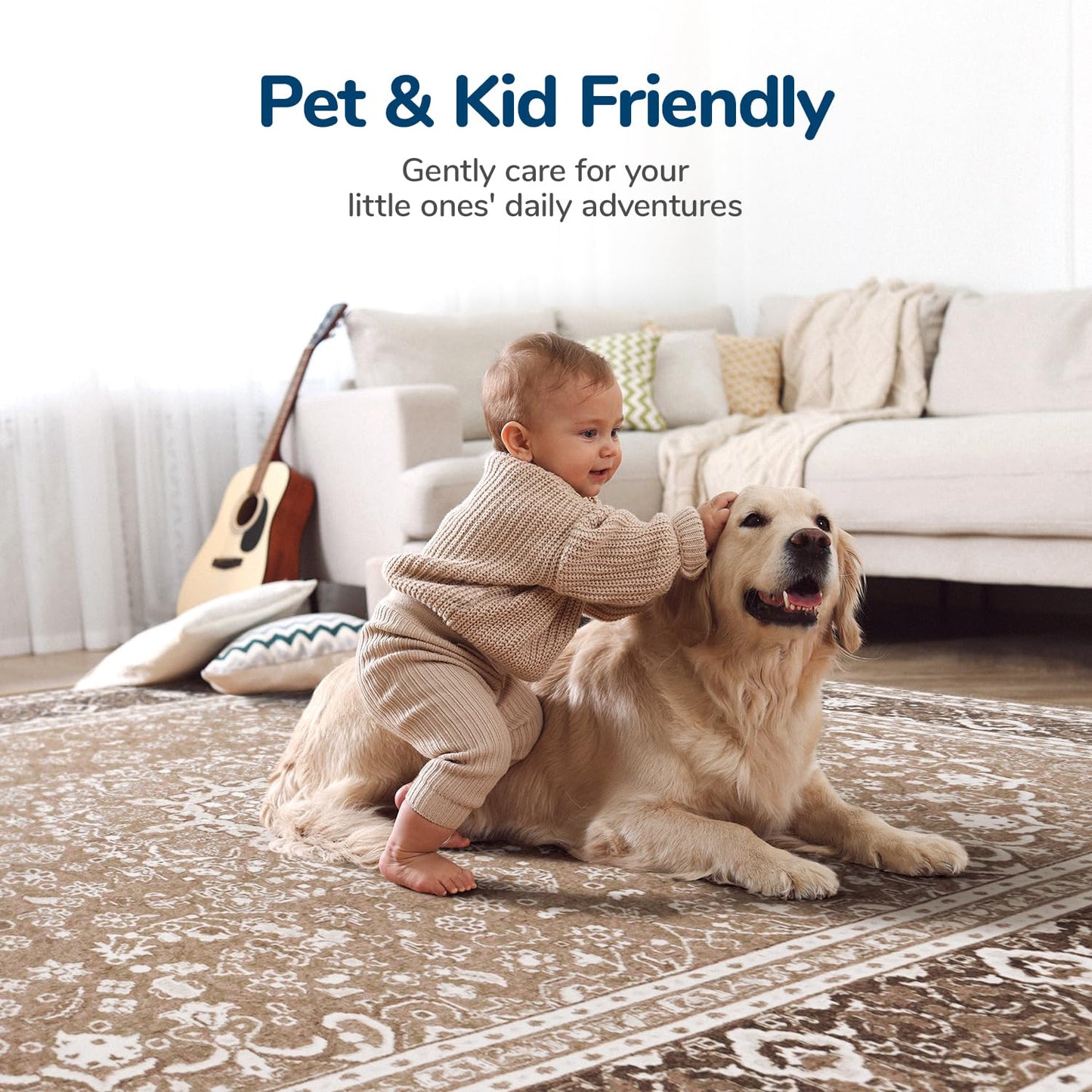 Lessymo 5x7 Area Rugs 5x7, Machine Washable Area Rugs, Super Soft Faux-Wool Area Rug for Living Room Bedroom, Boho Area Rug Vintage Floral Medallion, Non-Slip Low Pile, Kid & Pet Friendly,Brown White