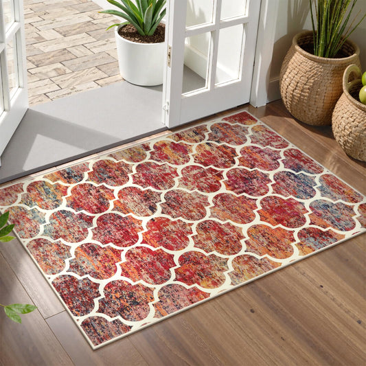 Lahome Moroccan Kitchen Rugs -2x3 Washable Rug Small Indoor Door Mat Throw Rug Non-Slip Front Door Mat Indoor Entrance Mats for Entryway,Red Colorful Rugs for Bedroom Meline（2x3, California Sunset