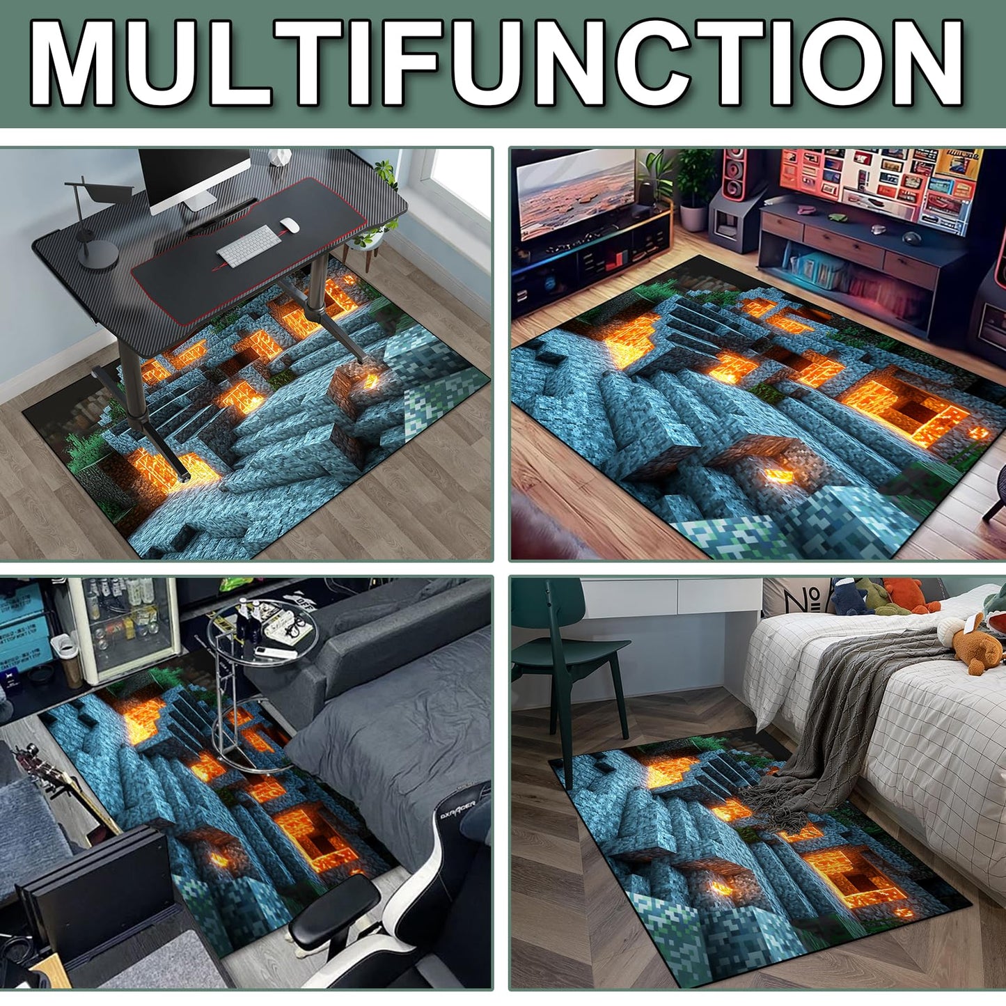 Block Game Rug Teen Kids Carpet, Pixel Games Scene Decoration Mat, Washable Game Rugs for Boy’s Bedroom Living Room Playroom, Non-Slip Children Gaming Area Rugs (Blue Rock Lava, 70" x 55")