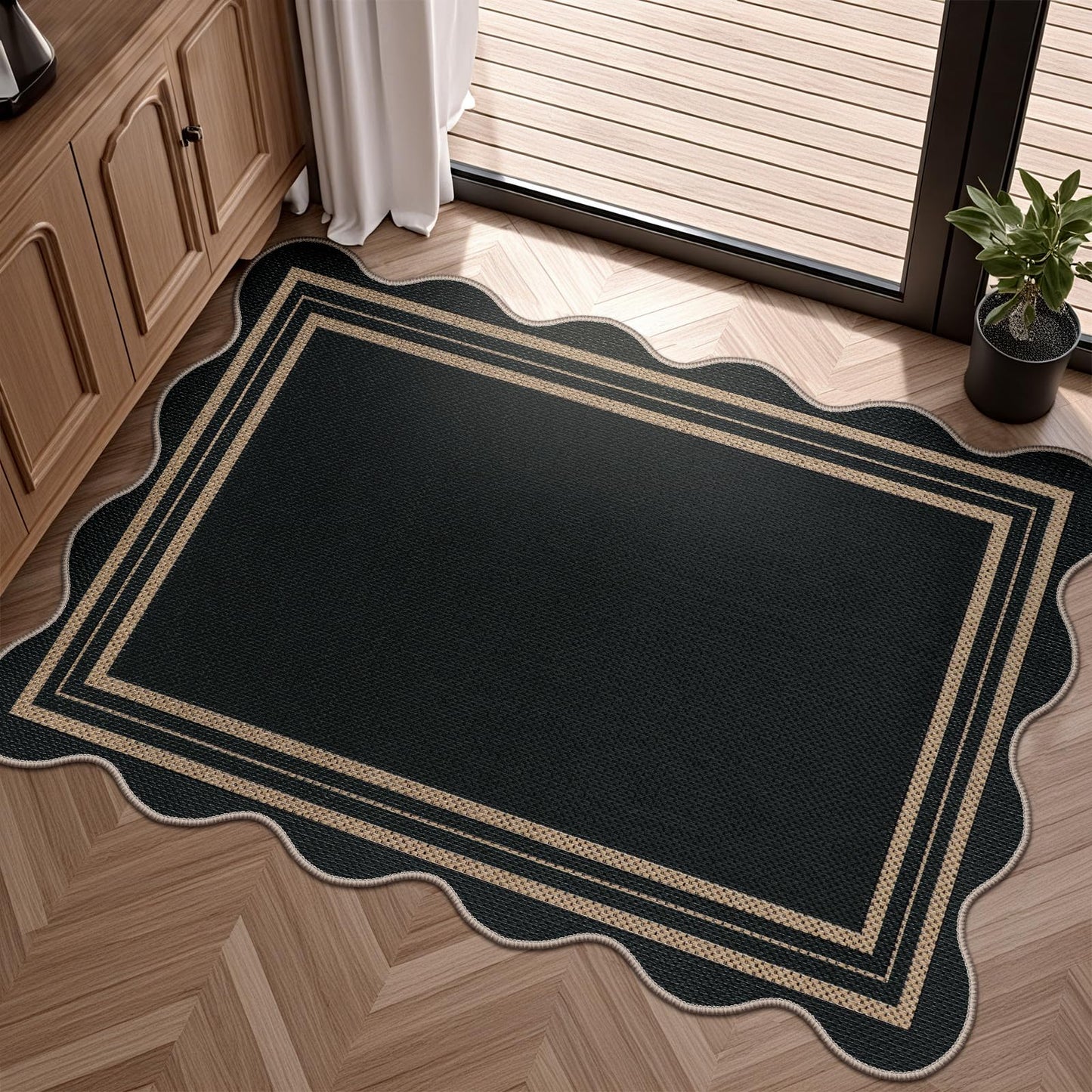 LORWER Easy Jute Black Kitchen Rug, 2x3 Front Door Mat Washable Non Slip Small Entryway Rug, Indoor Outdoor Farmhouse Scalloped Doormat for Bathroom Doorway Porch