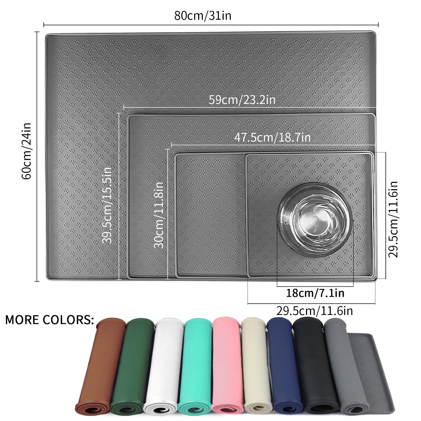 Ptlom Pet Placemat for Dog and Cat, Mat for Prevent Food and Water Overflow, Suitable for Small, Medium and Big Pet, 18" 12", Grey, Silicone