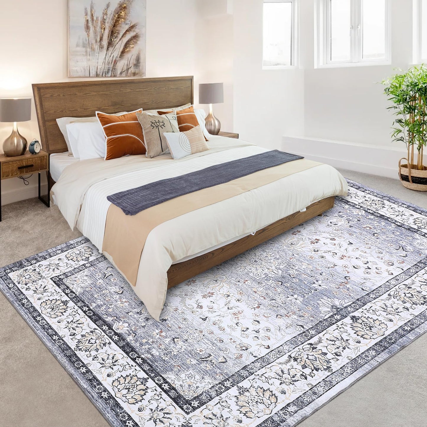 GarveeHome Washable Vintage Boho Floral Gray Rug - 5'x7' Soft Faux Wool Low Pile Stain Resistant Carpet for Living Room, Bedroom, Office, Nursery, Dining Room