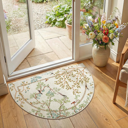 jinchan Yarden Washable Small Area Rug, 2x3 Half Circle Nature Plants Entryway Rug, Low Pile Doormat Soft Non Slip Dirt Trapping Carpet for High Traffic Kitchen Bathroom Vanity, Natural Ivory