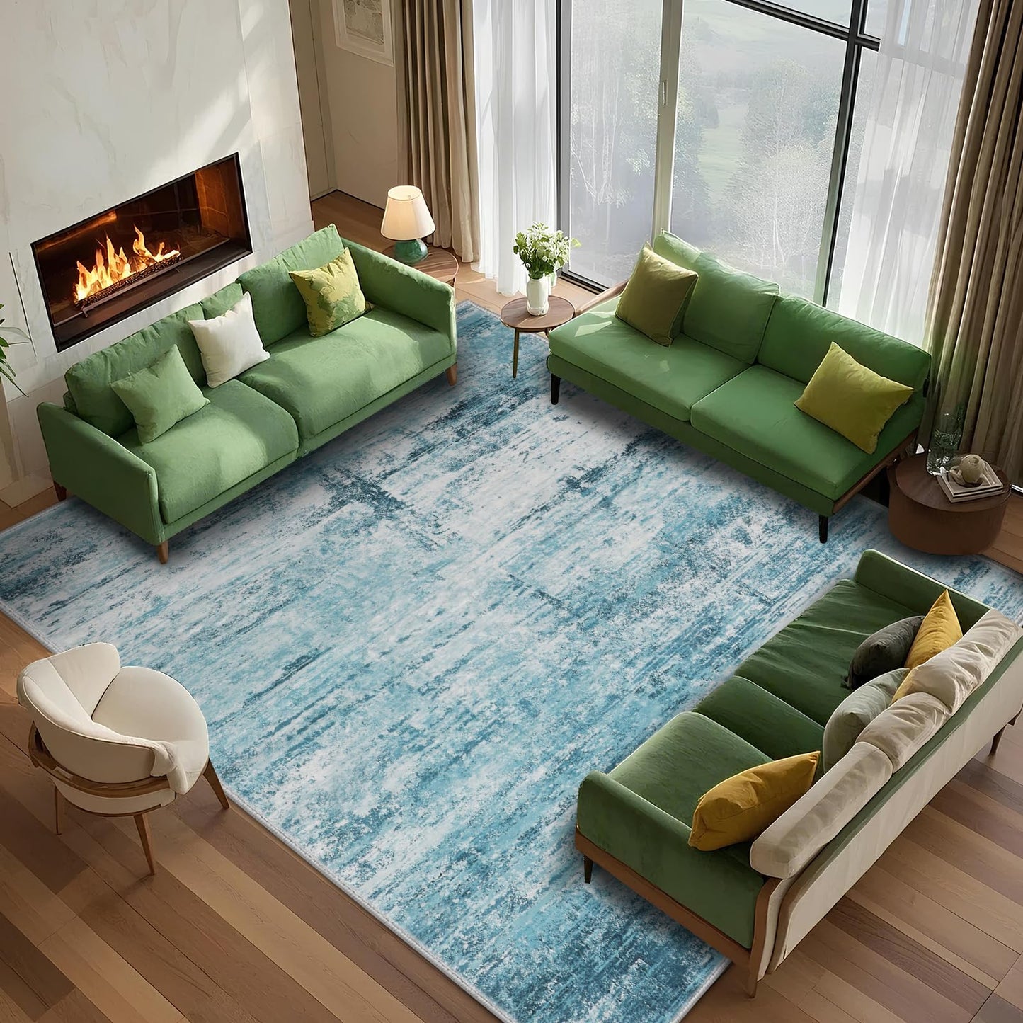FLYRUGGO 4x6 Abstract Rug for Entryway, Modern Teal Grey Washable Indoor Entry Way Area Rugs, Thin Soft Non-Slip Carpet Door Mat for Dining Room Kitchen Bedroom - Teal+Gray