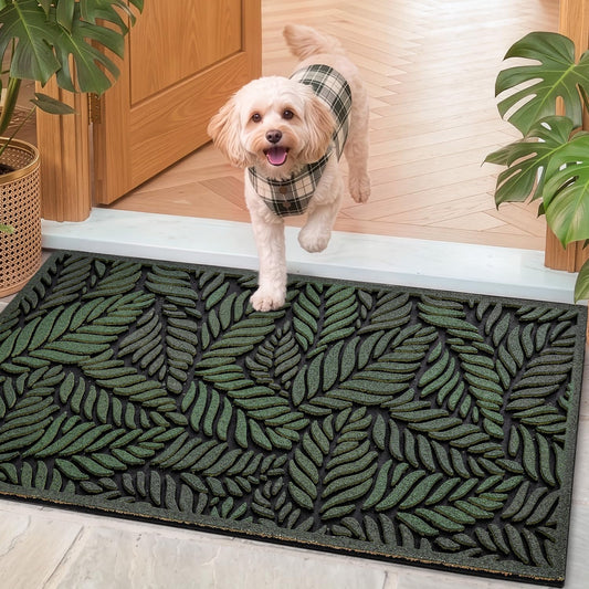 DEXI Front Door Mat Outside Entrance 17x30, Rubber Entry Doormat Heavy Duty Non Slip, Welcome Entryway Mats Dirt Trapping for Exterior Patio Garage, Green Leaves