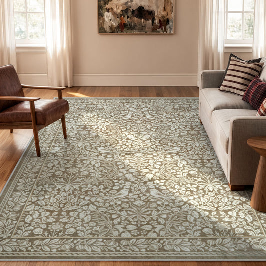 LIVEBOX Washable 5x7 Area Rugs for Living Room Neutral Vintage Floral, Non Slip Beige Botanical Birds Rugs for Bedroom, Large Soft Low Pile Carpet for Dining Room Decor (Neutral Beige,5'x7') ﻿
