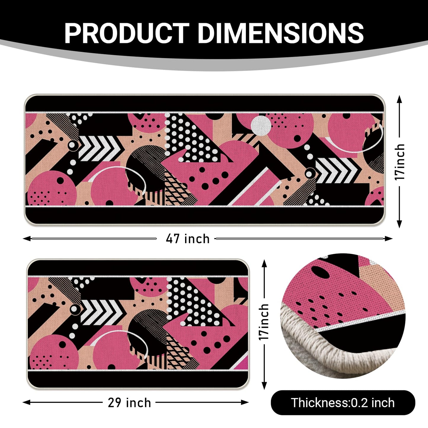 Livcoz Memphis Style Kitchen Rugs Set of 2, Pink Black Geometric Modern Art Floor Mats Home Decor, Vibrant Fashion Artistic Door Mat Decorations - 17x29 and 17x47 Inches