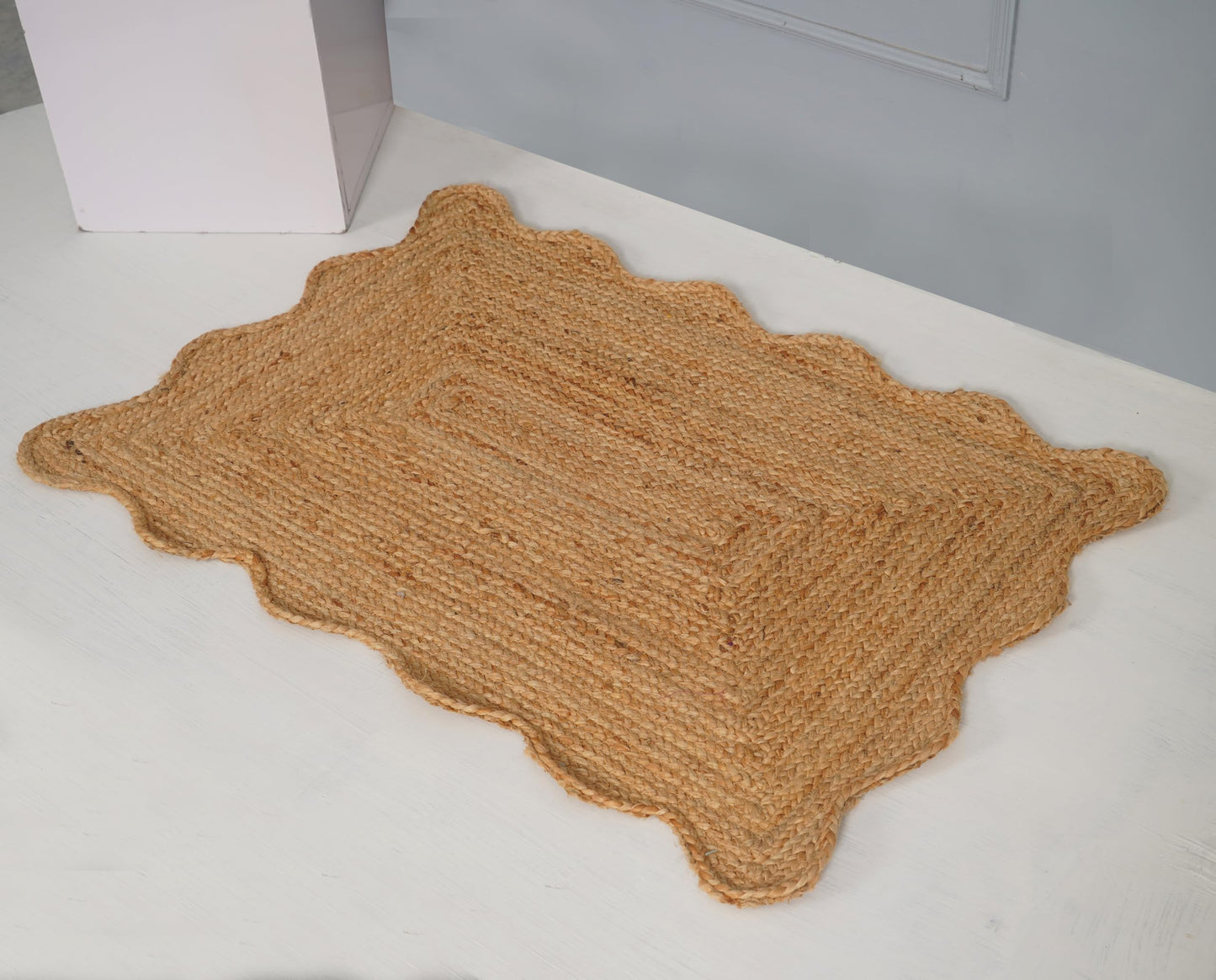 NAMASTE VINTAGE Natural Jute Area Rug, Scalloped Edge Rectangle, Handwoven Braided Design, Rustic Farmhouse Style, Indoor Floor Mat