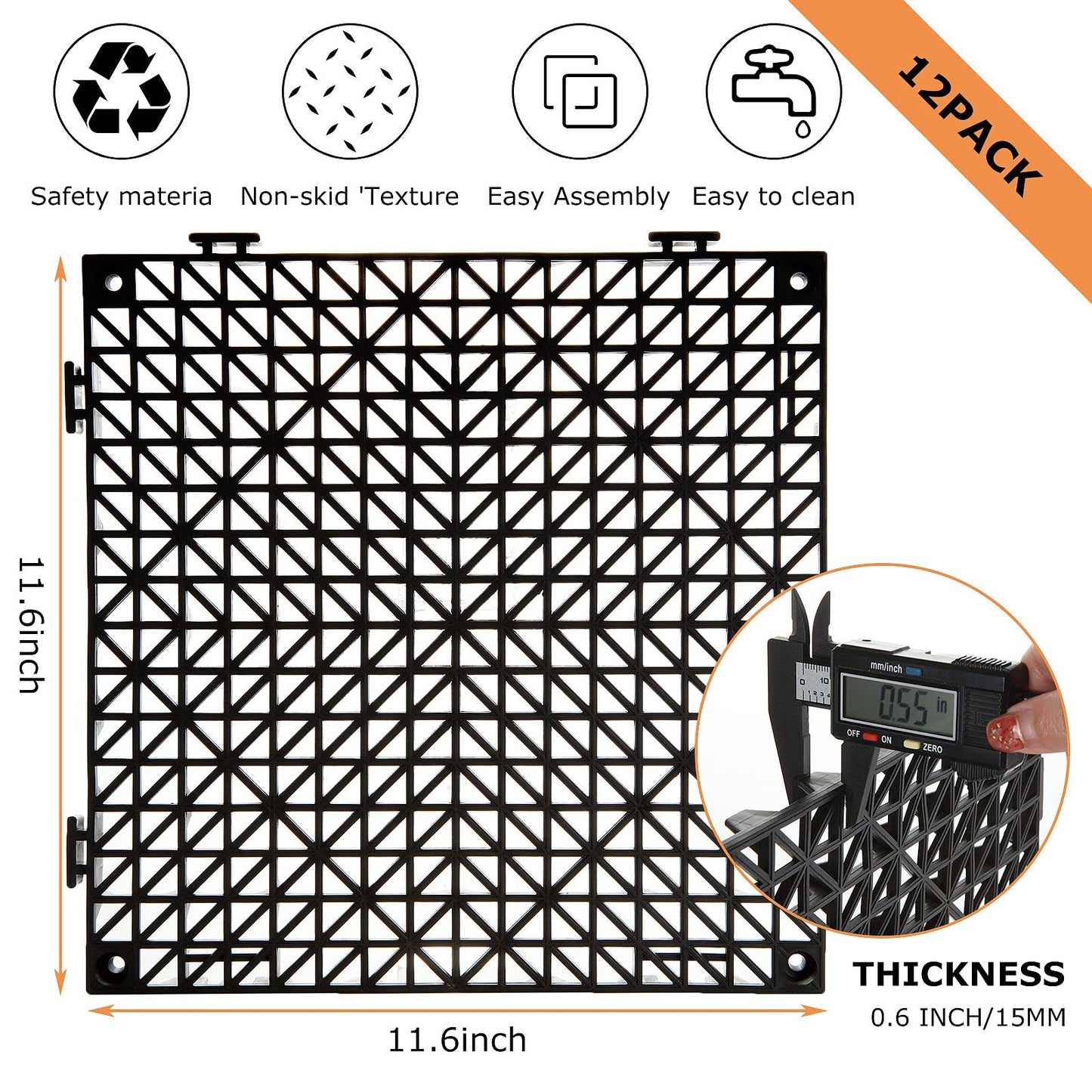 12 Pack Interlocking Floor Tiles 11.8" x 11.8" Interlocking Rubber Floor Mat Outdoor Non Slip Splicing Drainage Mats for Shower, Deck, Pool, Patio, Balcony, Kitchen, Yard