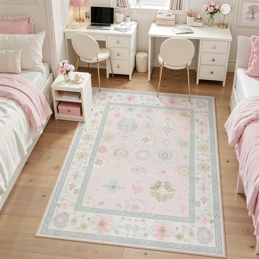 Tribesigns Boho Oushak 5x7 Washable Area Rug for Girls Bedroom, Soft Pastel Pink Nursery Rug Living Room, Oriental Floral Non-Slip Ultra Thin Indoor Carpet for Dorm Kids Playroom