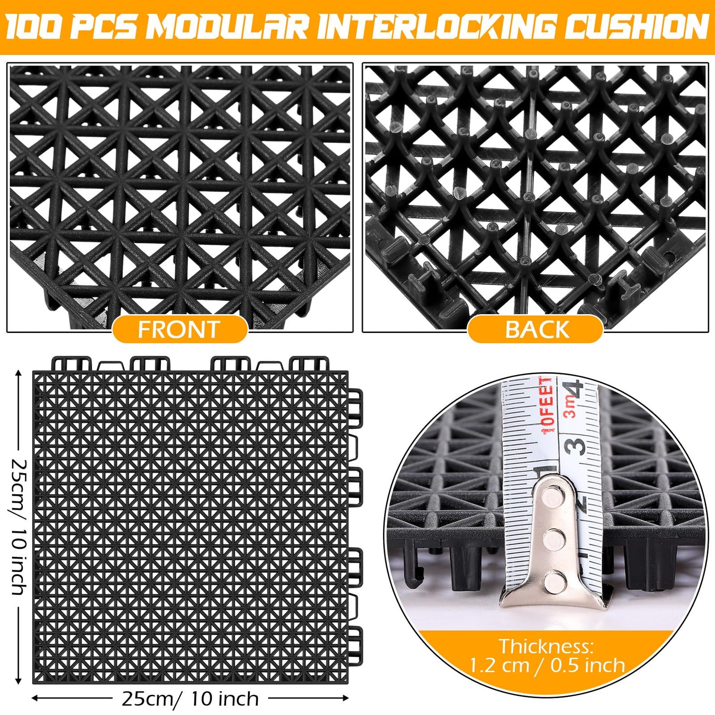 Huwena 100 Pack Rubber Floor Tiles Interlocking Tiles Drainage Mat 10" x 10" Rubber Deck Non Slip Modular Interlocking Cushion Pool Deck Mat for Garage Patio Greenhouse Outdoor Indoor Black