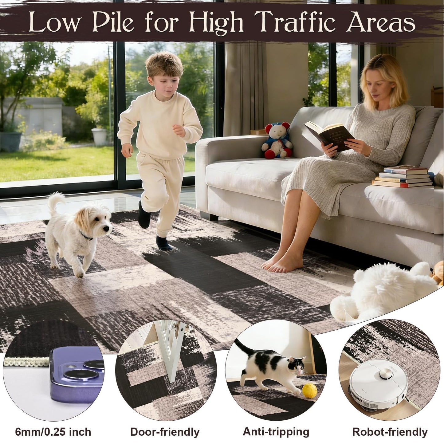 Yinhua Modern Geometric 5x8 Area Rug, Patchwork Brown Rugs for Living Room Washable Abstract Area Rug Non Slip, Low Pile Bedroom Rugs Stain Resistant, Mid Century Carpet for Dining Room, Office