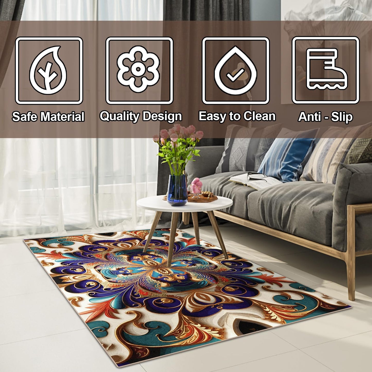 Washable Area Rug, Non-Slip Vintage Hallway Rug Runner with Upgrade Rubber Backing, Stain Resistant Faux Wool Distressed Carpet Runner for Bedroom Living Room Kitchen Laundry Entrance (70" x 55")