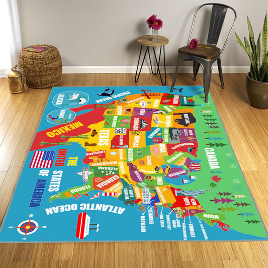 Kids Play Rug, USA United States Map Rugs Educational Play Mat Carpet Children Play Area Rug for Kids, Toddlers, Nursery, Classroom, Playroom, Baby Daycare